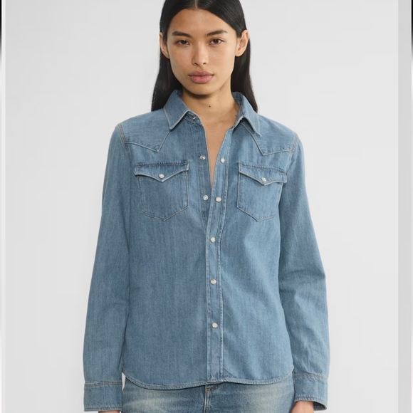 Denim Forum Tops - Denim Forum/Aritizia Women's Blue Western Denim Button-Up Shirt (Size S)